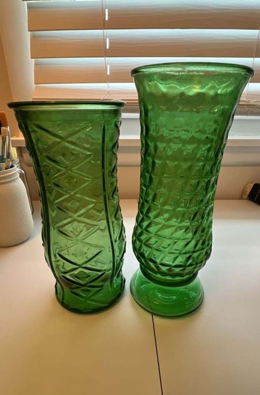 E.O. Brody Co. Emerald Green Glass Diamond Pattern Vase Set of 2